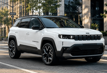 Novo Jeep Compass 2026 branco em avenida urbana com vista frontal em três quartos.