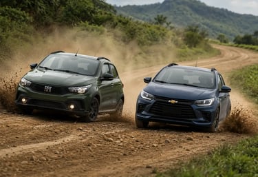 Onix Activ e Argo Trekking fazem curva em estrada de terra levantando poeira