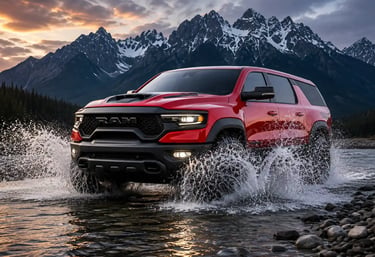 Novo Ramcharger V8 atravessando rio com montanhas ao fundo em cenário off-road