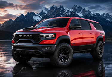 Novo Ramcharger V8 de até 777 cv em cenário montanhoso com visual esportivo e robusto