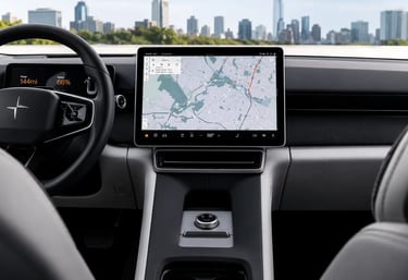 Interior de carro elétrico moderno com grande tela multimídia central e painel minimalista digital
