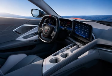 Interior do Corvette 2026 com painel digital e acabamento premium moderno