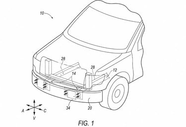Ilustração da patente do para-choque inteligente da Ford com sistema adaptativo de impacto