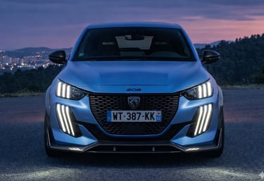 Peugeot 208 Rally Urban visto de frente com iluminação LED agressiva e kit widebody