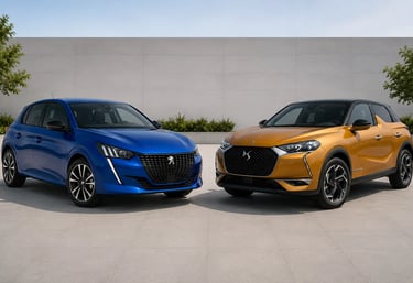 Peugeot 208 e DS 3 frente a frente em showroom externo