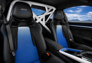 Bancos esportivos do Porsche 911 GT3 Artisan Edition com acabamento em azul e gaiola de proteção ao 