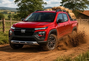 Projeção da nova Fiat Strada híbrida vermelha em estrada rural com carga na caçamba
