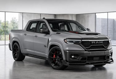 RAM Rampage R/T 2027 conceito 300 cv com visual SRT em showroom moderno