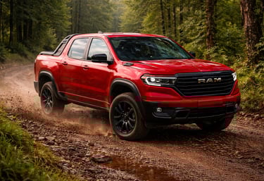 ram rampage vermelha em estrada de terra na floresta com poeira levantando