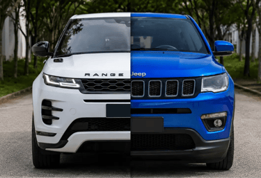 Frente de Range Rover e Jeep Compass unidas em montagem sobre o mesmo cenário.