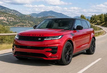 Range Rover vermelho sem placa dianteira em estrada aberta com fundo de montanhas e céu limpo
