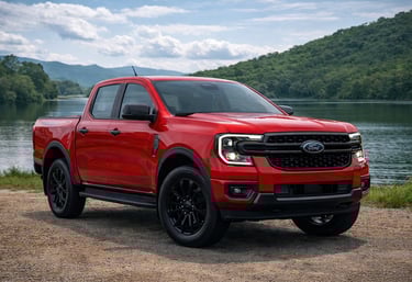 Ford Ranger Black 2026 vermelha com detalhes em preto estacionada durante o dia