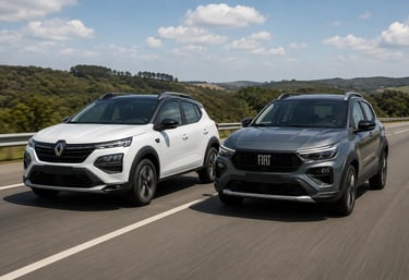 Renault Kardian e Fiat Pulse lado a lado em movimento em rodovia durante o dia