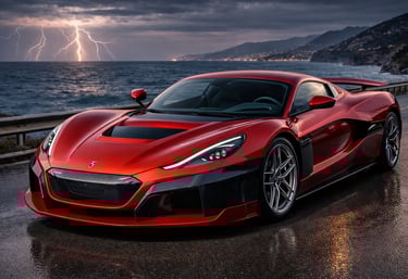 Rimac Nevera vermelho em estrada costeira durante tempestade