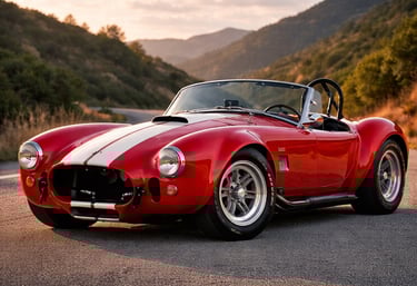 shelby cobra clássico vermelho 427 estacionado em estrada de montanha