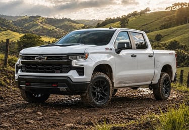 Chevrolet Silverado Trail Boss 2026 com motor V8 em estrada de terra no campo