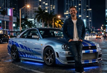 skyline do brian Nissan GT-R R34 com personagem ao lado em rua noturna iluminada