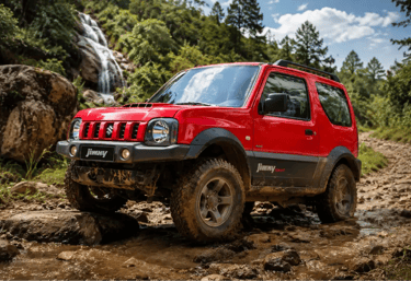 Suzuki Jimny 4Sport vermelho em trilha off-road com tração 4x4 e cenário de aventura