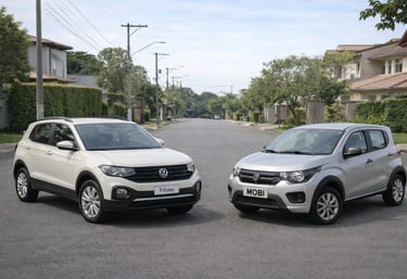 Comparativo entre T-Cross Sense 2021 automático e Mobi 0km mostrando diferença