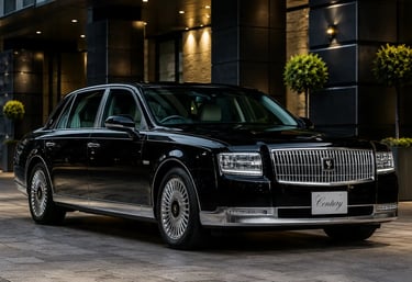 Toyota Century V12 preto estacionado em frente a prédio de luxo com iluminação noturna sofisticada