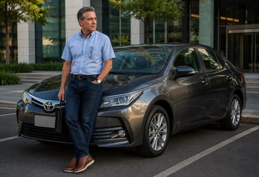 Advogado experiente ao lado de um Toyota Corolla em frente a um prédio corporativo.