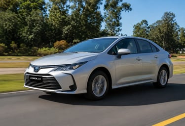 Toyota Corolla híbrido rodando em estrada cercada por árvores durante o dia