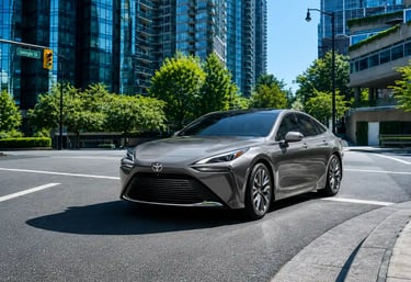 Toyota Mirai rodando em área urbana com tecnologia movida a hidrogênio.