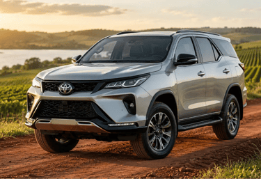 Toyota SW4 Diamond em estrada de terra com plantação e lago ao fundo