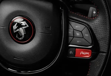 Volante do Pulse Abarth com detalhe do botão Poison e acabamento esportivo em couro com costura