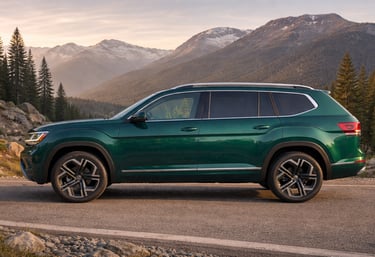 Volkswagen Atlas 2027 lateral completo em estrada de montanha com design moderno