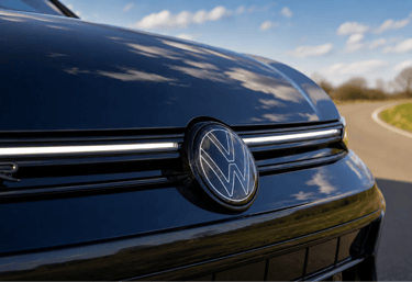 Logo da Volkswagen em close no novo Golf durante testes em estrada aberta