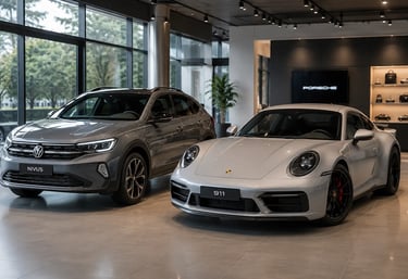 Volkswagen Nivus e Porsche 911 lado a lado em showroom interno