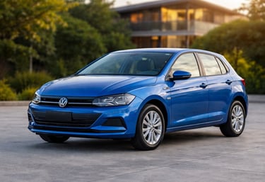 Volkswagen Polo azul 2026 estacionado em frente a casa moderna com fundo desfocado