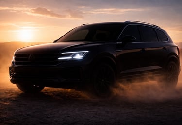 Volkswagen Touareg V6 2015 em silhueta com farol aceso destacando luxo e desempenho de 280 cv