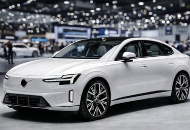 Novo Volvo ES90 2026 elétrico branco em salão automóvel com tecnologia avançada e alto desempenho
