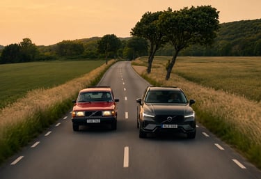 Volvo XC60 e clássico Volvo 200 Series lado a lado em estrada rural
