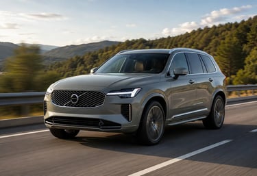 Volvo XC90 híbrido cinza em movimento em rodovia com visual premium