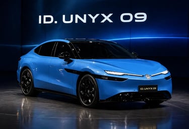 Volkswagen ID Unyx 09 em apresentação oficial com fundo azul escuro e design de sedã elétrico