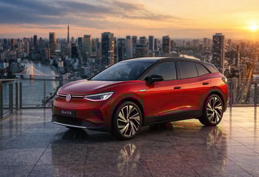 Volkswagen ID4 2026 vermelho em rooftop com cidade ao fundo pôr do sol carro elétrico