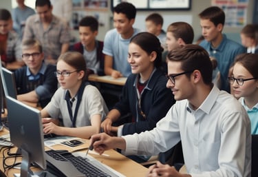 A black and white photograph of a classroom where multiple students are sitting at desks with computers. A person is interacting with the students, possibly teaching or assisting them. Large windows line the wall in the background, allowing natural light to illuminate the room.