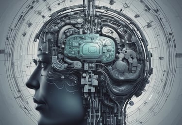 Large blue letters 'AI' stand prominently on a surface covered with a pattern of hexagonal shapes. Dark swirling lines intersect around the letters, creating a sense of motion and complexity. The background has a metallic sheen with a futuristic, digital style.