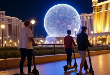 riding scooters looking at the neon strip lights of vegas at night