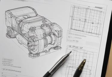 The image depicts an architectural or engineering workspace featuring technical drawings with precise measurements and annotations. Several drafting tools, including a pen, pencil, protractor, and triangular scale, are placed on top of the drawings. A rolled-up sheet of paper and a metallic rectangular case are also visible, adding to the professional and organized setting.
