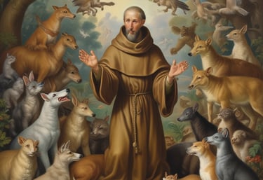 A stone statue with hands clasped in prayer stands amidst lush greenery, set against a backdrop of a tiled-roof building and pine trees.