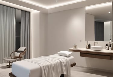 A minimalist spa room featuring a comfortable massage table with white sheets. The bamboo stalks attached vertically to the wall create an aesthetic, natural ambiance. Soft lighting enhances the calm and relaxing atmosphere, and a small stand with essential items is placed next to the table.