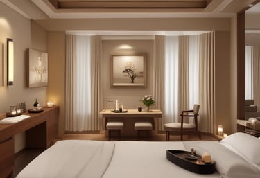 A beauty technician carefully performs a skincare procedure on a woman, who is lying down with her hair pulled back and face covered in a transparent mask. The technician is wearing gloves and holding a precision tool, working under a bright ring light.