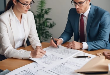 A professional consultation setting with a medical professional sitting at a desk facing a client. The room has a modern aesthetic with white walls decorated with framed certificates. The desk is organized with office supplies, a laptop, and a fruit bowl in the center.