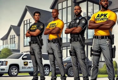 a group of apk security officers standing in front of a house with apk security car