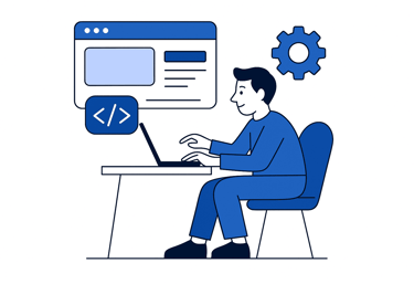 Personnage avec une ordinateur qui programme un site web 