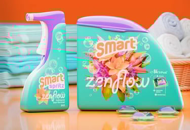 Image showing container and label designs for Smart Zenflow Detergent.
